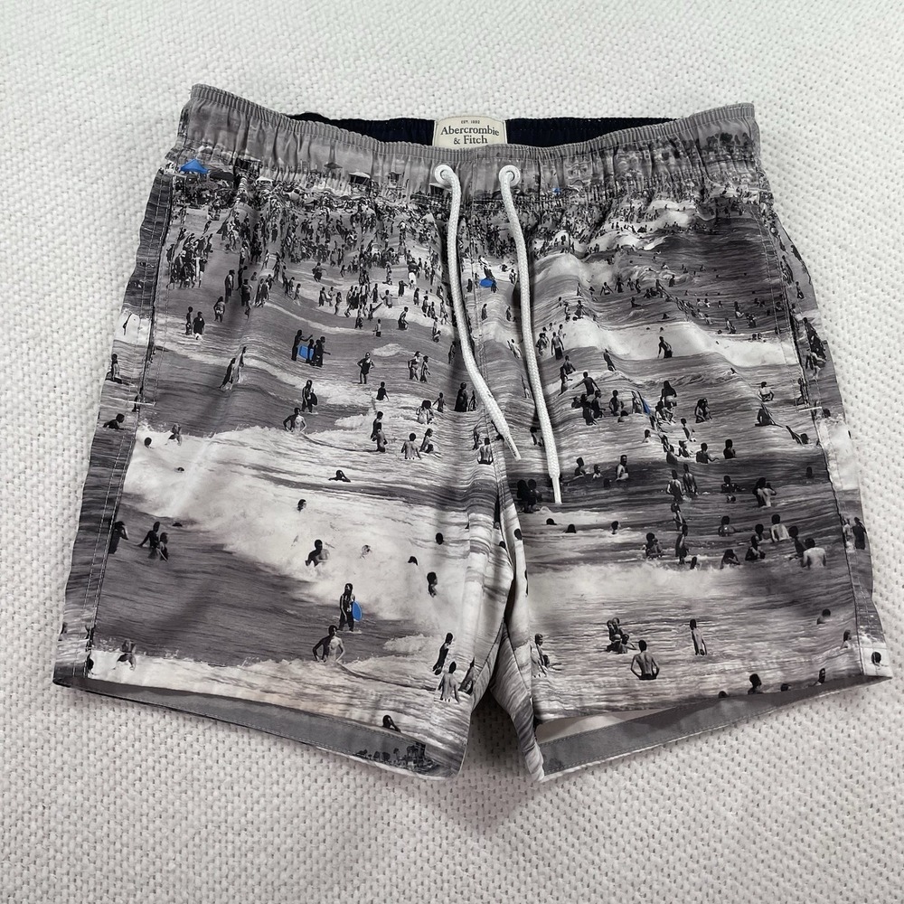 Abercrombie & Fitch Men Swim Trunks Black White Beach Scene Print Large Surfer